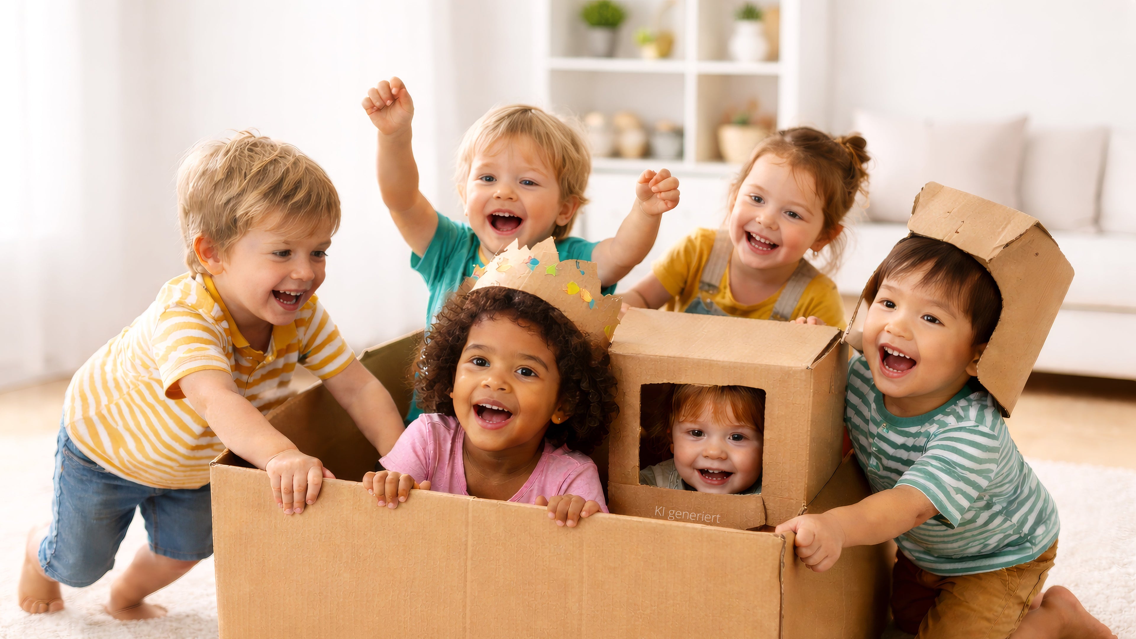 Kinder spielen mit Karton (KI generiert)
